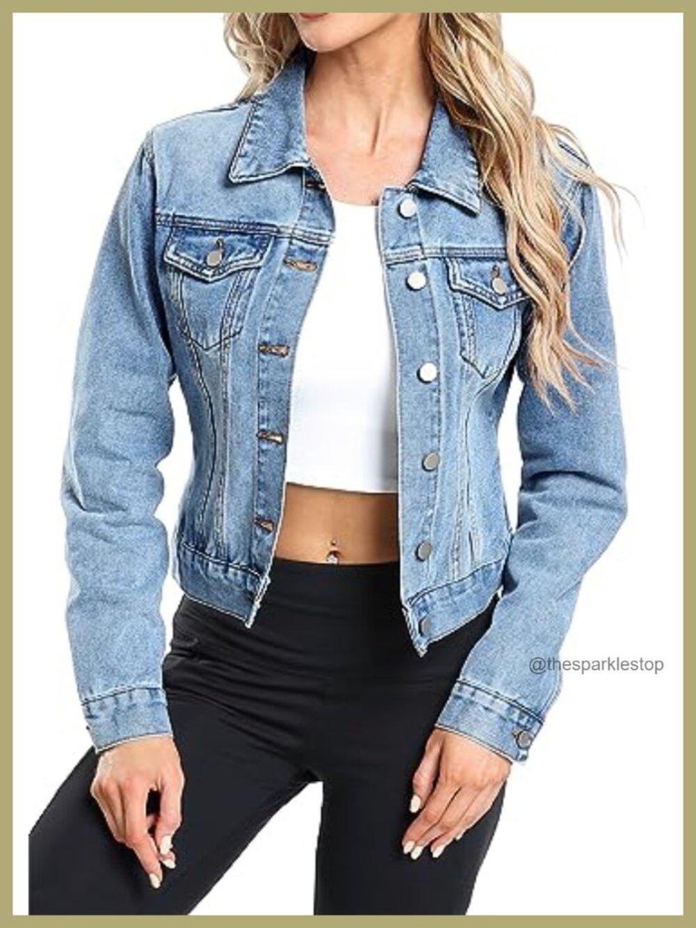 Women's Cropped Denim Jacket Long Sleeve 100% Cotton Button Down Shacket with